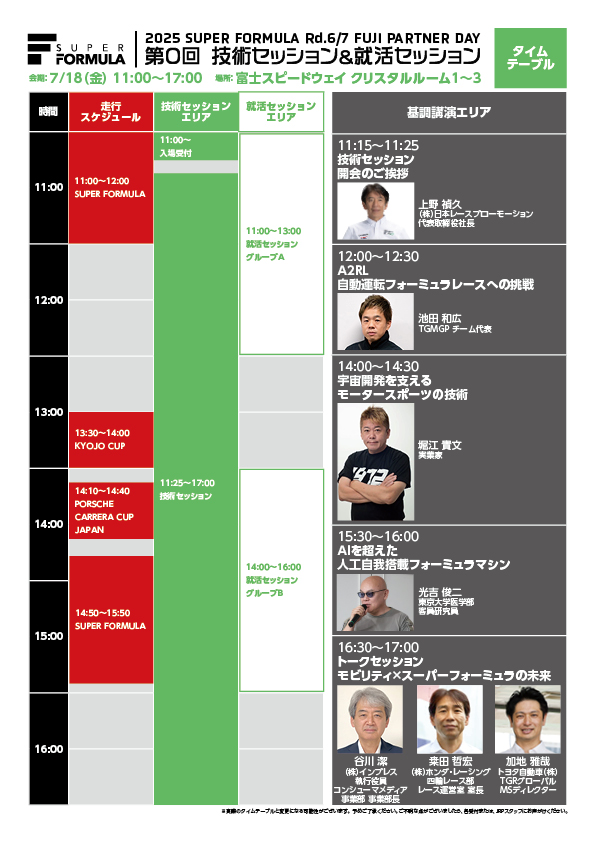 技術セッション＆就活セッション in 2025 SUPER FORMULA Rd.6/7 FUJI PARTNER DAY タイムテーブル