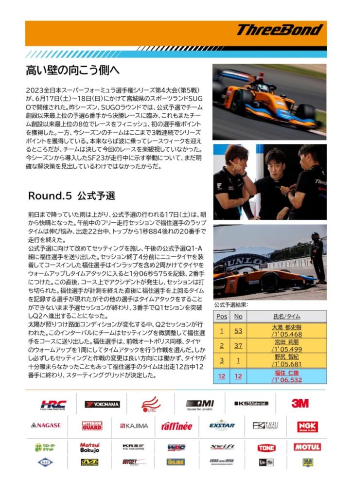 【チームレポート】ThreeBond Racing【Rd.5 SUGO】｜SUPER FORMULA 公式WEBサイト