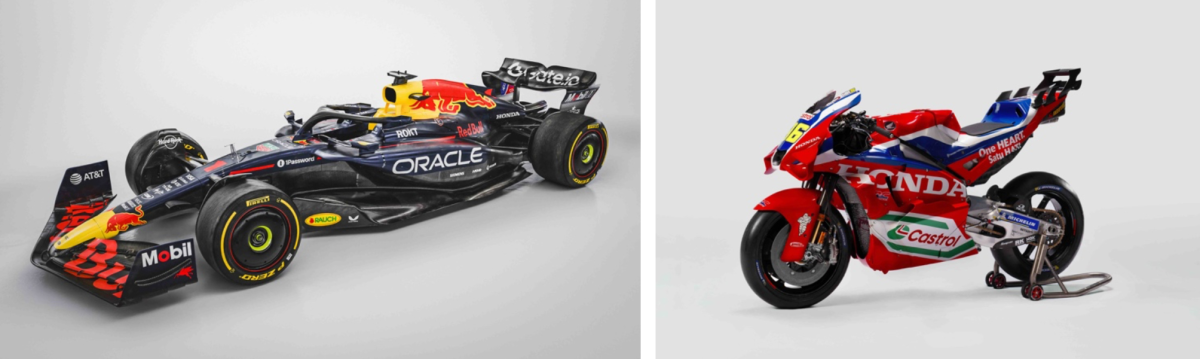 ＜写真：Oracle Red Bull Racing RB21（F1）、Honda HRC Castrol RC213V（MotoGP）＞